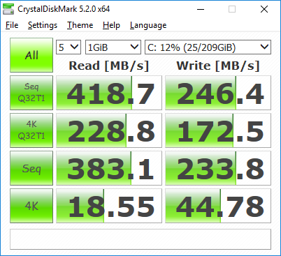 Samsung 840 EVO SSD with default Microsoft Windows 10 x64 driver in second from the bottom PCIE slot