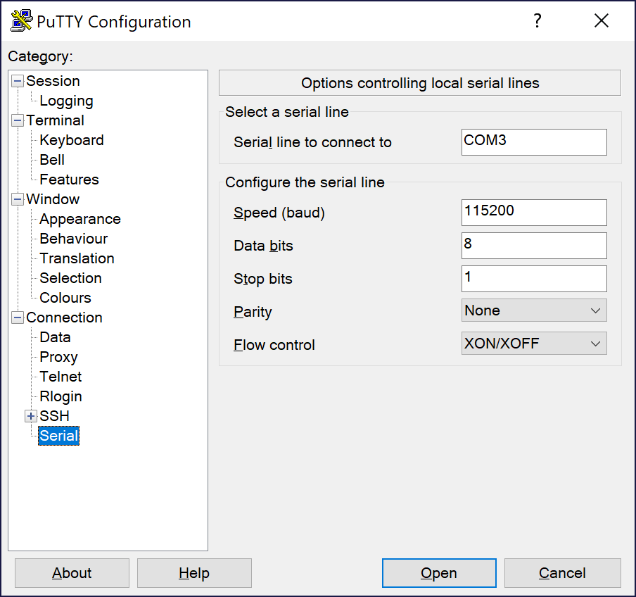 PuTTY settings